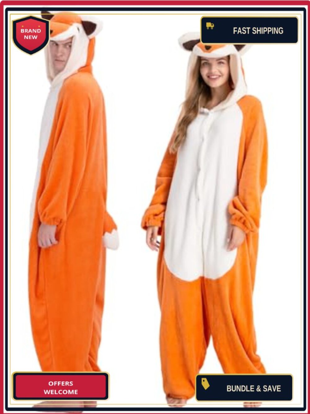 Adult Fox Onesie Hooded Jumpsuit Plush Fleece Pajama Costume Sleepwear